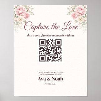Errötende Florale Hochzeits-QR-Code-Tafel, Foto te Poster