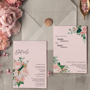 Errötende Florale Rosa Details All-In-One-Hochzeit Einladung
