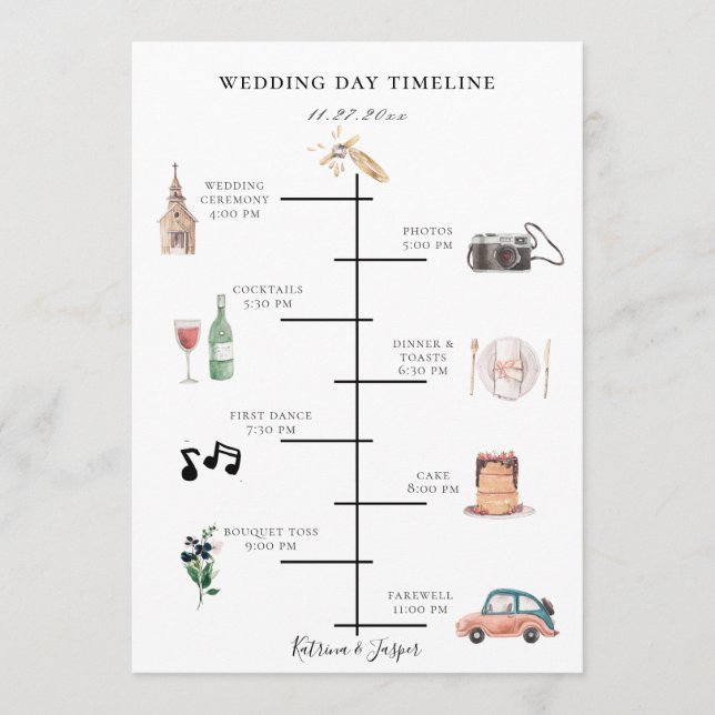 Errötende Navy Blumen Hochzeit Zeitplan Programm (Vorderseite)