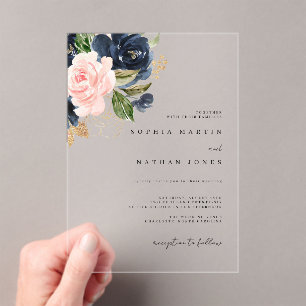Errötende Navy-Gold-Aquarell-Blumen Hochzeit Acryleinladungen