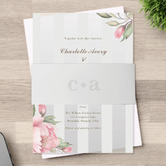 Errötende Pfingstrose Monogramm Graue Hochzeit Einladungsbanderole