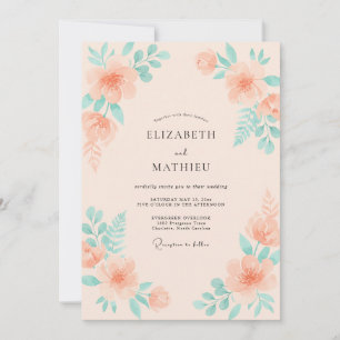 Errötende Pfirsich-Minze-Blumenhochzeit Einladung