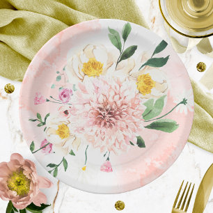 Errötende romantische Aquarell-Blumen-Brautparty Pappteller