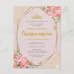 Errötende rosa Quinceanera-Einladungskarte Postkarte