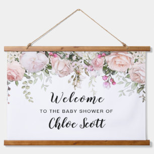 Errötende Rosa Rosen Florale Babyparty Begrüßung Wandteppich Mit Holzrahmen