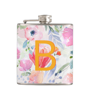 Errötende rosa violette Blumen Monogramm Flachmann