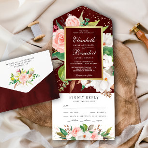 Errötende rosa weiße Magnolie Floral Burgund Hochz All In One Einladung