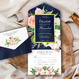 Errötende Rosa Weiße Magnolie Florale Navyblaue Ho All In One Einladung