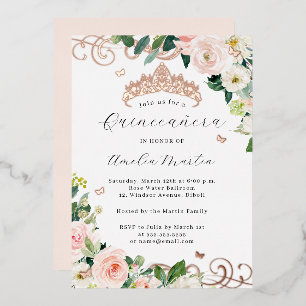 Errötende Rose Gold Floral Swirl Quinceanera   Folieneinladung