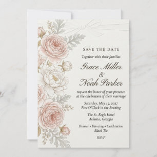 Errötende Rose und weiße Schleife Aquarell-Hochzei Einladung