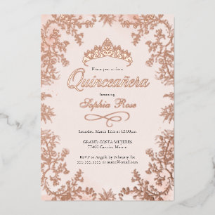 Errötende Roségold-Krone Florale Quinceanera Folieneinladung