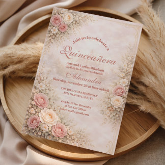 Errötende Rosen-Gold-Garten-Quinceañera Einladung