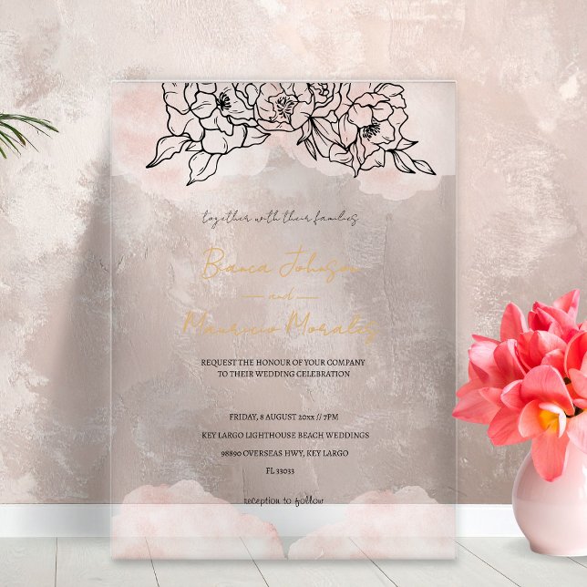 Errötende Wasserfarbe & schwarze florale Hochzeit Acryleinladungen (Blush Watercolor & Black Floral Wedding Acrylic Invitations)