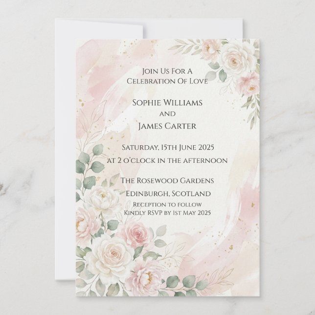 Errötende weiße Rosen-Hochzeitseinladung Einladung (Vorderseite)