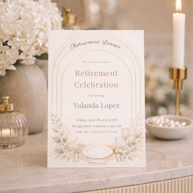 Errötender Bogen-Ruhestands-Einladung Einladung (Blush arch with soft botanicals for a refined retirement dinner gathering)