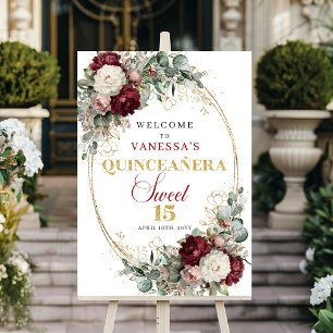 Errötender Burgunder Floraler Goldener Quinceanera Poster