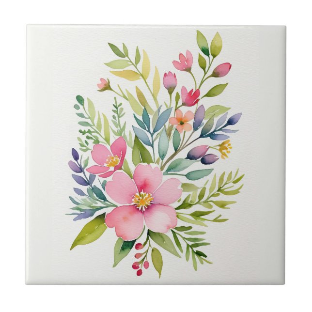 Errötender Garten-Aquarell-Blumenstrauß Fliese (Vorderseite)
