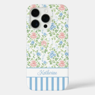 Errötendes Blau Wasserfarbe Florales Monogramm iPhone 16 Pro Hülle