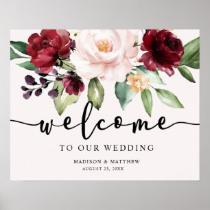 Errötendes Burgunder-Blumen-Willkommens-Hochzeitss Poster