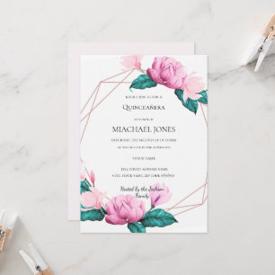 Errötendes Gold Blumen Geometrische Quinceanera Ei Einladung