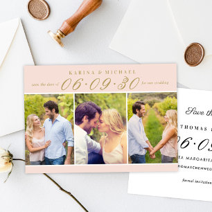 Errötendes Gold Drei-Fotos-Collage-Hochzeit Save The Date