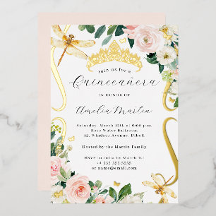 Errötendes Gold Floral Libelle Scroll Quinceanera Folieneinladung