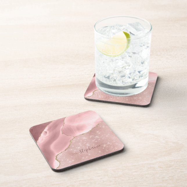 Errötendes Rosa Achat-Funkel-Glamour-Monogramm Getränkeuntersetzer (Rechte Seite)