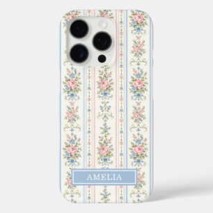 Errötendes Rosa Blau Aquarell Blumen Streifenmuste iPhone 16 Pro Hülle