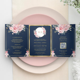Errötendes Rosa Blumen Navy Blau All-in-One-Hochze Dreifach Gefaltete Einladung