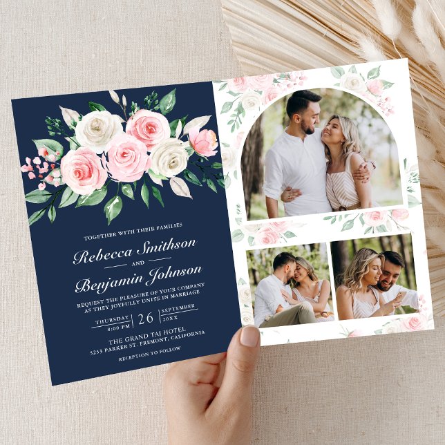 Errötendes Rosa Blumen Navy Blau QR-Code Hochzeit Einladung (Von Creator hochgeladen)