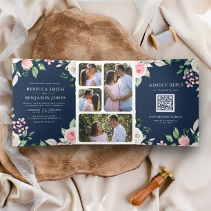 Errötendes Rosa Blumen QR Code Marineblau Hochzeit Dreifach Gefaltete Einladung