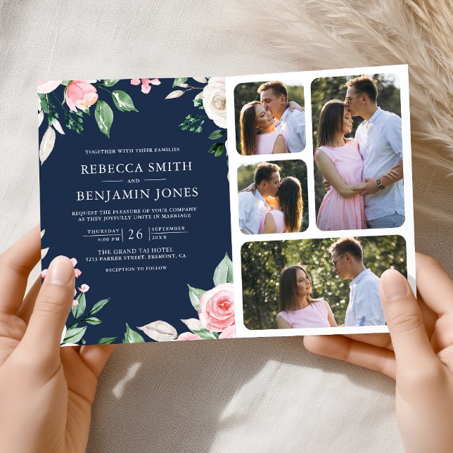 Errötendes Rosa Blumen QR Code Marineblau Hochzeit Einladung (Von Creator hochgeladen)