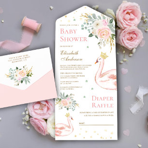 Errötendes Rosa Blumen-Schwan-Prinzessin-Baby-Empf All In One Einladung