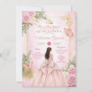 Errötendes Rosa Blumenband Goldrahmen Schmetterlin Einladung