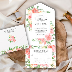 Errötendes Rosa Blumenrosen-Gartenhochzeit All In One Einladung