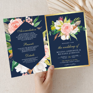 Errötendes Rosa Floral Gold Navy Blau QR Code Hoch Einladung