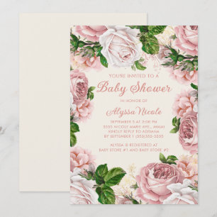 Errötendes Rosa Florale Rosen Weiße Mädchen Babypa Einladung