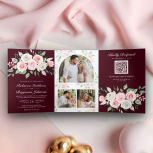 Errötendes Rosa Florales Burgund QR-Code Hochzeit Dreifach Gefaltete Einladung