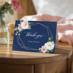 Errötendes Rosa Florales Geometrisches Rahmen Navy Dankeskarte