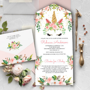 Errötendes Rosa Florales Gold Einhorn Babyshower All In One Einladung