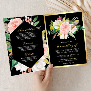 Errötendes Rosa Florales Gold Schwarz QR-Code Hoch Einladung
