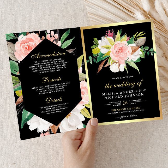 Errötendes Rosa Florales Gold Schwarz QR-Code Hoch Einladung (Von Creator hochgeladen)