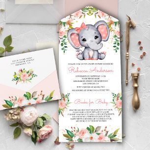 Errötendes Rosa Florales Süßes Elefant-Baby-Party All In One Einladung