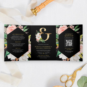 Errötendes Rosa Florales Und-Zeichen Schwarzer QR- Dreifach Gefaltete Einladung