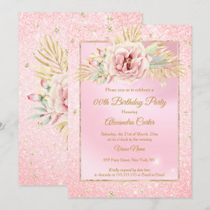 Errötendes Rosa Glitter Goldene Rose Florales Gebu Einladung