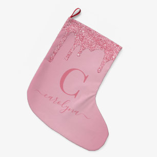 Errötendes Rosa Glitter Tropfen Monogramm Großer Weihnachtsstrumpf