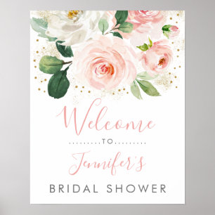 Errötendes Rosa Gold Blumen Hochzeitsdusche Willko Poster