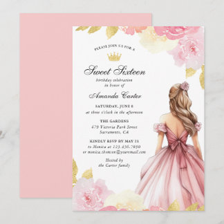 Errötendes Rosa Gold Blumen Sweet Sixteen Einladung