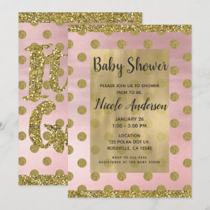 Errötendes Rosa & Gold Glitter Punkte Babyparty Einladung