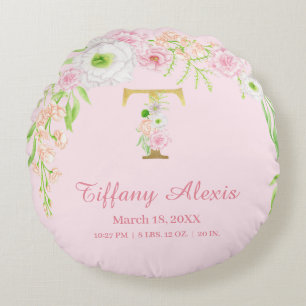 Errötendes Rosa Gold Monogramm "T" Baby Mädchen St Rundes Kissen